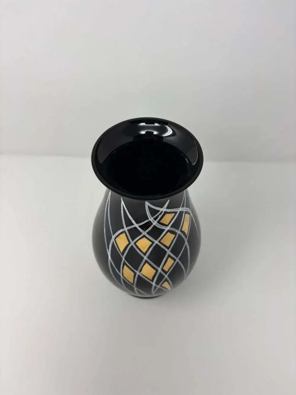 Bohemia Glass Black Art Glass Vase w/ Gold & Silver Design